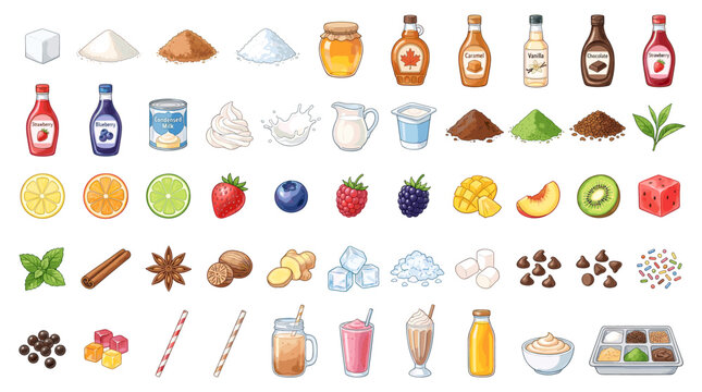 Colorful pantry and grocery vector set with sugar, spices, honey, sauces, fruits, herbs, drinks, desserts and sweet food ingredients
