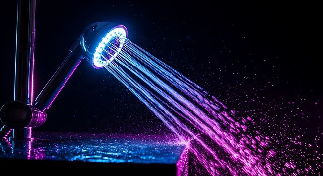 Led shower head spraying illuminated water streams in a dark modern bathroom with sharp focus and vibrant neon lighting for interior design and home technology marketing