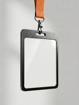 Blank ID card holder with a brown lanyard hanging against a neutral background