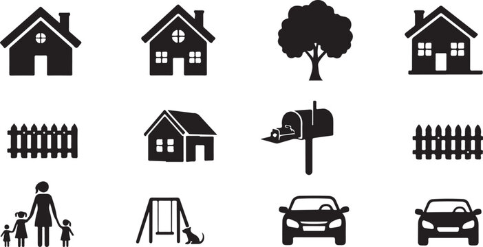 Black and white silhouette icons of houses and cars and trees and fences