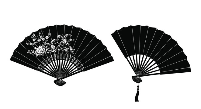 Two black folding fans silhouette on white background