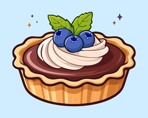 Sweet Blueberry Custard Tart with Creamy Topping and Fresh Mint Leaf for Dessert Menu Card Design - Vector Illustration © powdesign