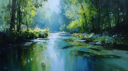 Fototapeta premium Sunlit forest stream with reflections and vibrant green foliage river water photo