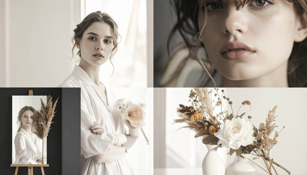 Portrait d'une femme avec des fleurs et un miroir