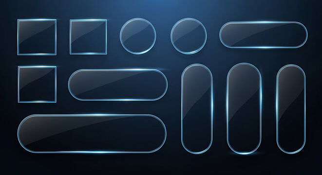 Set of glass interface buttons and web UI elements with glowing light effects interface elements template rectangle technology