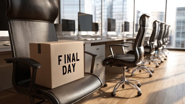 Final day in empty office with cardboard box on chair
