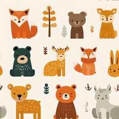 Obraz premium Colorful illustration of cute animals: a pattern including fox, deer, bear, and bunny 