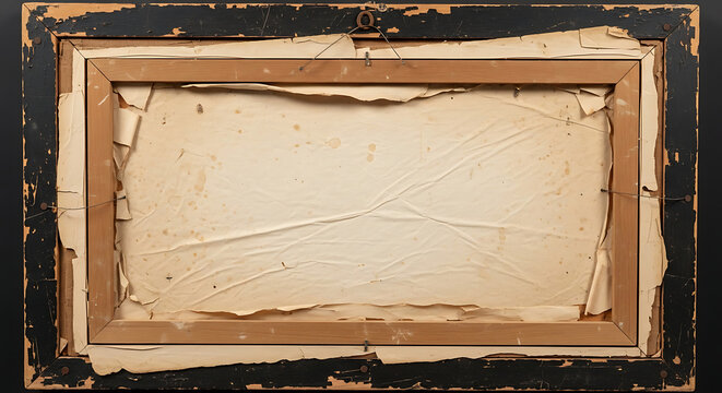 Backside of old antique painting frame with damaged canvas painting frame-back heritage interior frame-work material structure