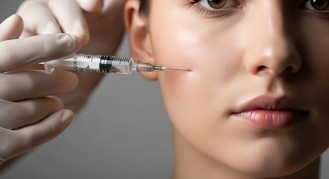 Facial injection treatment receiving dermal filler in a clinical setting with sharp focus and soft lighting for aesthetic medicine marketing and cosmetic surgery branding