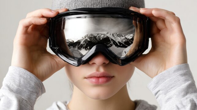 Close-up of woman adjusting ski goggles with mountain reflection in lens. Winter sports gear, alpine landscape mirrored, cold weather fashion and skiing preparation concept