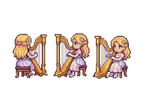 pixel art character spritesheet of a beautiful harpist with blonde hair, sitting and playing a gold harp in various directions for game scenes.