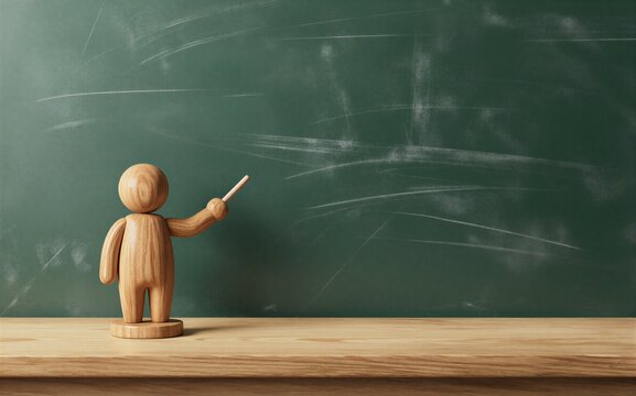 Wooden figure stands before chalkboard pointing with stick as if