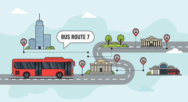 City Bus Route 7 Map with Stops and Landmarks, Transportation Concept