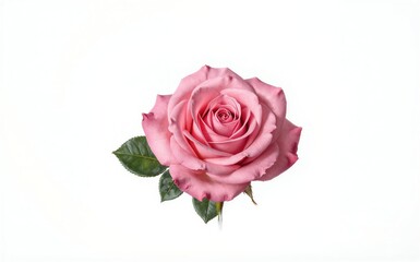 Fototapeta premium Pink rose with green leaves against a clean white background.