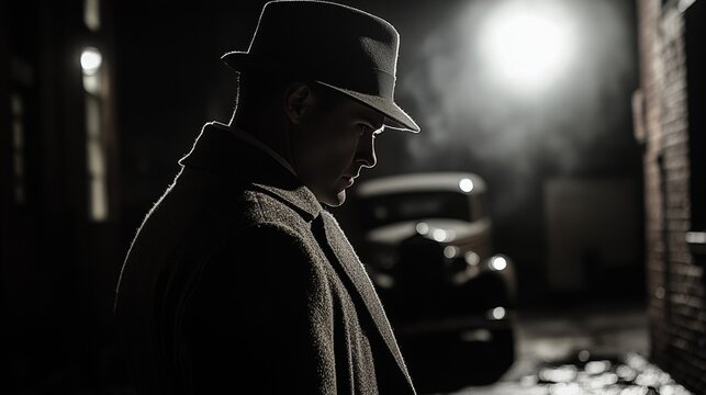 Noir Detective in Vintage Car at Night