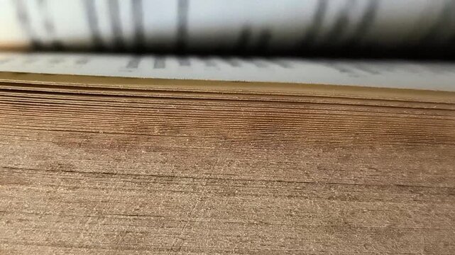 Close-up of flipping pages of an old vintage book with yellowed paper