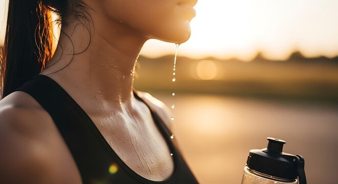 Sweat dripping from female athlete chin during sunset workout with golden hour lighting and sharp focus macro for fitness and hydration marketing