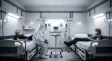 Fototapeta premium Medical professional in protective gear attending to patients in a sterile hospital ward with clinical lighting and sharp focus for healthcare and pandemic response marketing
