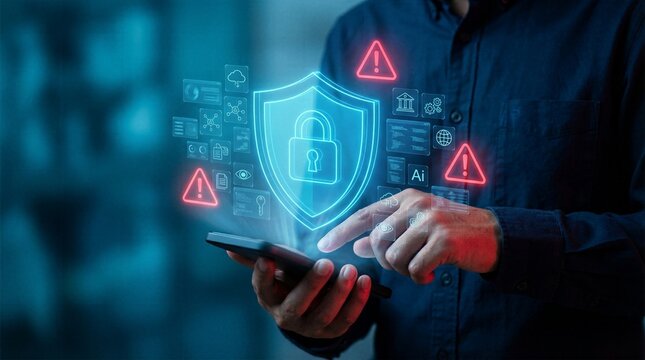 Cybersecurity concept with person using mobile phone to manage data protection and network firewall with glowing shield icons