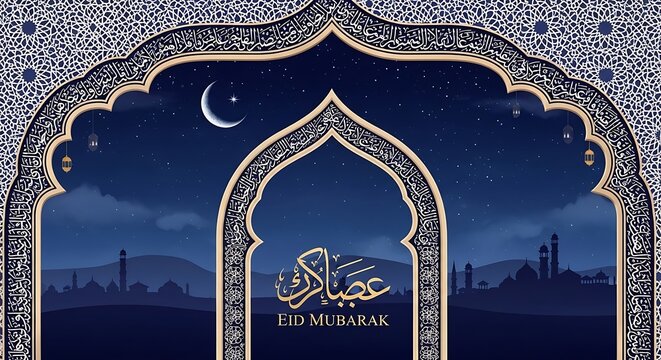 Night sky with crescent moon and mosque silhouette framed by ornate islamic archway pattern