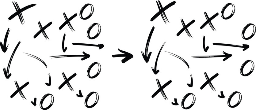 Hand, drawn strategy game plan for football basketball and handball with arrows X and O symbols, black marker sketch style vector illustration isolated on white.