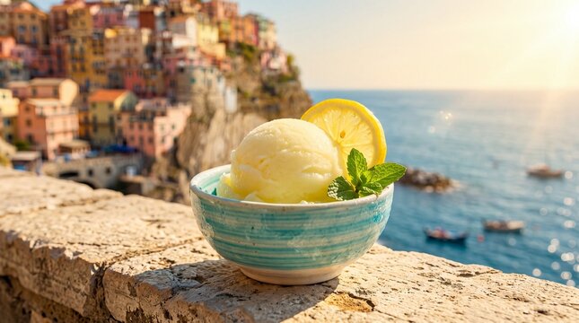 Delicious lemon sorbet with mint leaves served in a blue bowl overlooking the Mediterranean coastline at sunset