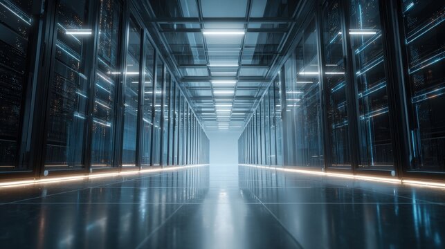 Shot of Corridor in Working Data Center Full of Rack Servers and Supercomputers with Internet connection Visualization Projection, technology, digital, futuristic, future,