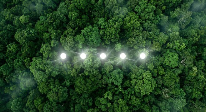 Digital forest management concept with top view of canopy and glowing connectivity nodes for environmental data analysis