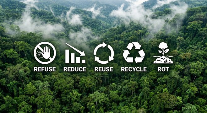 Five R of sustainability refuse reduce reuse recycle rot white icons on lush tropical rainforest background for eco education