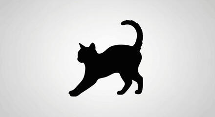 Black cat silhouette stretching on a white background with subtle wavy pattern © Bahan