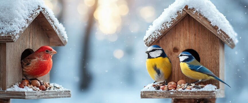 Small colorful birds including red bird and two blue tits perched on wooden bird feeders filled with seeds during snowy winter day in nature. High quality photo