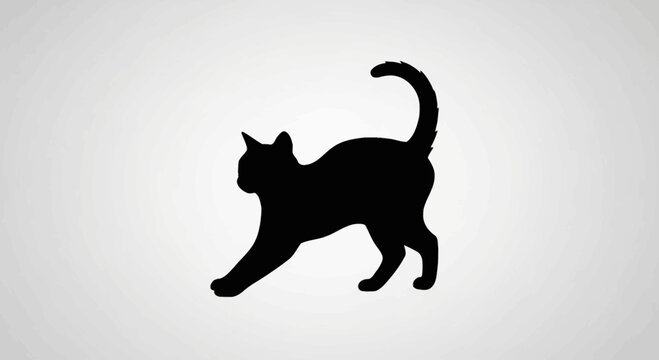 Black cat silhouette stretching on a white background with subtle wavy pattern