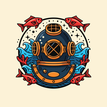 Vintage antique deep sea diving helmet illustration.