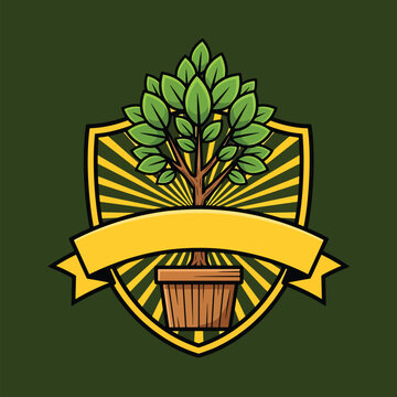 Vintage shield emblem with a potted tree and a blank banner for custom text.