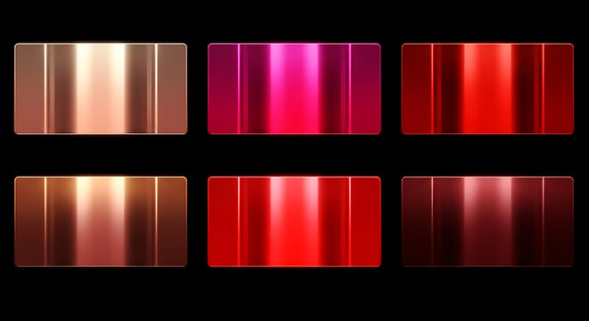 Set of metallic texture swatches in various red and copper tones with metallic gradient material background abstract reflection polished collection