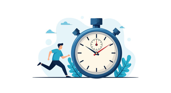 Man Running Towards Stopwatch, Time Management Concept, Deadline
