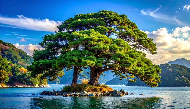 A majestic, verdant tree thrives on a rocky islet in a serene body of water, with forested hills under a bright, cloud-strewn sky