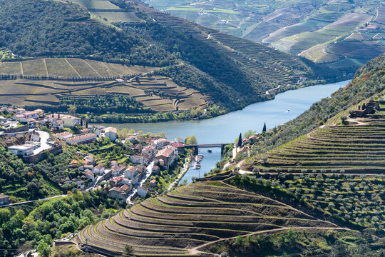 The town of Pinhao viewed from above, nestled along the Duoro River, hills, and terraced vineyards