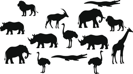 Wild animal silhouettes collection African safari animals lion elephant giraffe rhino crocodile ostrich vector illustration set © MstAkhi