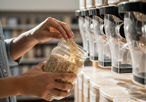 A person's hands scooping dry grains from a gravity dispenser into a glass jar within a store focused on bulk goods and sustainable shopping practices, promoting reduced packaging