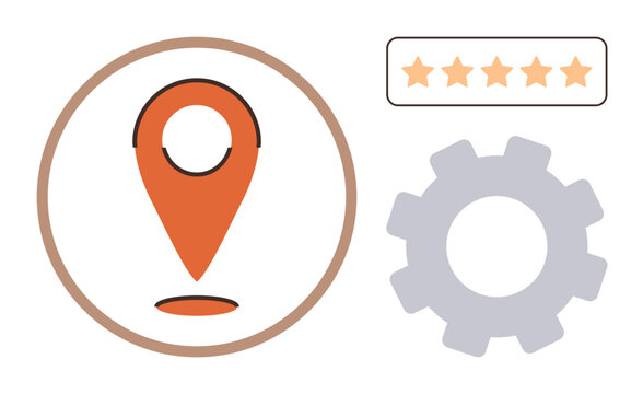 Navigation, customer feedback, user preferences, service rating, configuration, settings. An orange location pin, a gear icon and five stars. Navigation and customer feedback concept