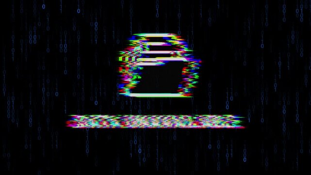 The malfunctioning digital display displays a "data not available" error message, with distorted text and a background of raining binary code.