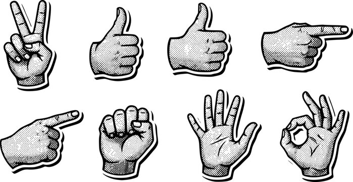 Cut out hand emoji gestures set. Various halftone hands signs vintage dotted stickers. Modern retro vector illustration for mixed media design, collage and scrapbook isolated on transparent background