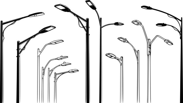 Streetlight silhouette collection, dual arm lamp post designs, urban lighting illustration, modern city pole artwork, outdoor night architecture