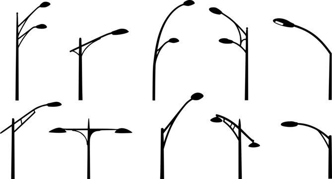 Streetlight silhouette collection, dual arm lamp post designs, urban lighting illustration, modern city pole artwork, outdoor night architecture