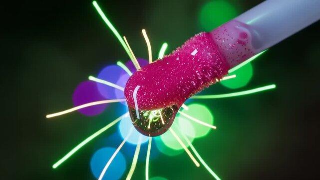 Close up of liquid lipstick applicator with vibrant bokeh background.