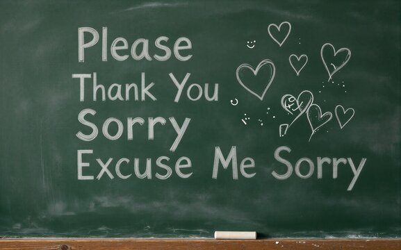 Chalkboard displays polite phrases with hearts teaching social grace