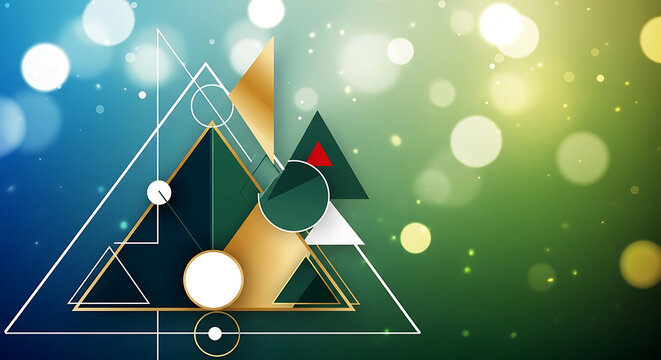Abstract geometric composition with triangles and circles, gold accents, bokeh lights on a blue and green gradient background, modern technology theme