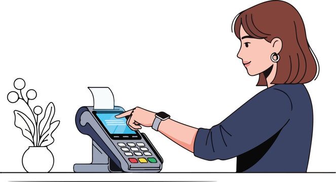 Woman making payment using a card reader at a checkout.