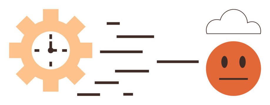 Time management, procrastination, productivity, workflow, stress, efficiency. A gear with a clock, motion lines and a neutral face under a cloud. Time management and procrastination concept